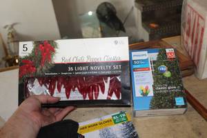 lot 815 image: Lot of (2) LED Christmas Lights (in original packaging) - Philips 50-C8 Light String, Red Chili Pepper Cluster 35-light Novelty Set