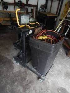 Janitors Cart With 2-Lights & Garbage Can Full Of Extension Cords