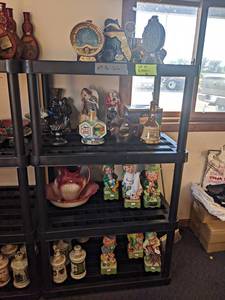 Contents of (4) Shelves - Decanters, Music Box Decanters, Pitcher & Basin