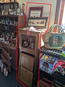 Solid Wood Cabinet w Contents - Decanters, Framed Pictures and More - Cabinet is about 49 x 20 x 16