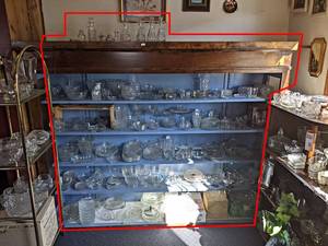 Large Solid Wood Display Cabinet w Glassware Contents - Overall about 74 x 58 x 16
