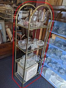 Metal & Glass Shelf w Contents - Glassware, Salad Service Kit and More - Shelf is about 58 x 18 x 12