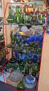 Contents of (8) Shelves - Green Glassware, Platters, Blue & Cobalt Glassware, Punch Bowl and More - Shelves are 30 Wide Each