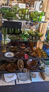 Contents of (5) Shelves - Green and Amber Glassware, Platters and More - Shelves are 30 Wide Each