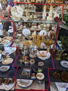 Contents of (5) Shelves - Amber Glassware, Silver Plated Set and More - Shelves are 30 Wide Each