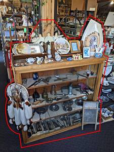Wood Cabinet w Glass Sliding Doors and Contents - Silver Plated, Tools, Antiques, Flatware, Indian Dcor and More - Shelf is about 44 x 43 x 12