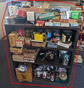 Bookcase W Contents - Antiques, Shoe Polish, Cigar Boxes, Cans, Vintage Medicine Bottles and More - Shelf is about 32 x 30 x 9