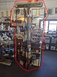 (2) Corner Metal Shelves and Contents - Signs, Home Dcor and More - Each Shelf is about 83 x 17 x 17