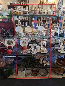 Contents of (5) Shelves - Cups & Saucers, Green Glassware and More - Shelves are 30 Wide Each