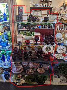 Contents of (5) Shelves - Ruby Glassware, Avon, Pink Glassware, Green Glassware, Blue  Cobalt Glassware - Shelves are 30 Wide Each
