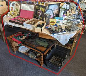 Dining Room Table and Contents (On top and Under) - Silver Plated Flatware, Harley Davidson Books, Poker machine, Home Dcor, Coffee Table and More - Table is about 68 x 45 x 29