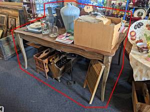 Dining Room Table and Contents (On top and Under) - Home Dcor, Brass Washboard, Magazine Racks, Bench, Coffee Pots and More - Table is about 62 x 43 x 29