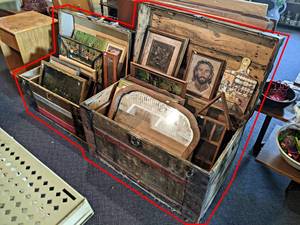 Lot of (2) Antique Trunks w Framed Art and Home Dcor - Trunks are about 36 x 24 x 20 and 32 x 20 x 17
