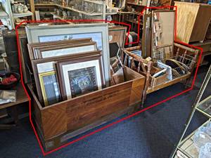 Cedar Chest, Bench and Contents - Framed Art and More - Cedar Chest is about 47 x 21 x 18 - Bench is about 41 x 25 x 22