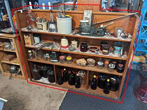 Wood Shelf w Contents - Crock, Vintage Kitchen Items, Jugs and More - Shelf is about 61 x 48 x 10