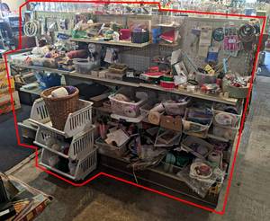 Contents of Entire Side of Shelving - Includes Sewing and Craft Supplies - Thread, Yarn, Needles, String, Ribbon and More - Overall the shelving section is about 90 x 55