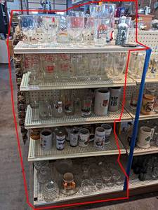 Contents of (5) Shelves - Beer Glasses, Beer Mugs, Beer Steins, Coors Belt Buckle and More - Shelves are 30 Wide Each