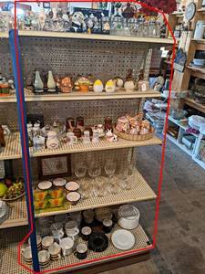 Contents of (5) Shelves - Salt & Pepper Shakers, Glassware, Corelle and More - Shelves are 30 Wide Each
