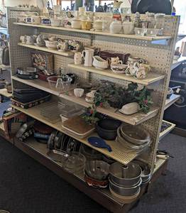 Contents of (5) Shelves - Angel food pans, Bundt Pans, Cookware, Gravy Boats and More - Shelves are 60 Long Each