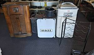 Antique Stove, Antique Zenith Floor Radio, Vintage Westinghouse Roaster and Wine Bottle Rack