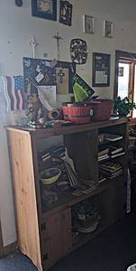 Shelving Unit and Contents  Wall Contents - Collectable Buttons, Old Books, Ephemera and More - Shelf is about 50 x 17 x 48 tall