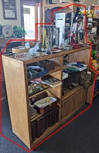 Shelf w Contents - Jewelry, Old Books, Glasses, Sunglasses, Keychains and More - Shelf is about 53 x 45 x 17