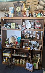 Shelf w Contents  - Antique Clock, Home Dcor, Beer Steins, Beer Kit, Harley Davidson Decal and More - Shelf is about 70 x 58 x 17 - Includes Items above the shelf