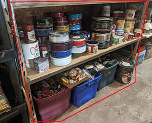Contents of (2) Shelves - Christmas Items, Tins and More - Shelves are about 6 Long each - Shelves NOT Included