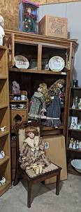 Contents of Large Corner Cabinet - Dolls, Plates, Antique Chair and More - Corner Cabinet NOT Included