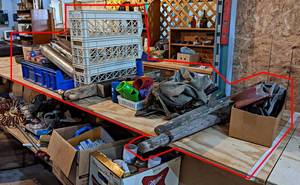 Contents of Shelf - Motorcycle Mufflers, Saws, Hardware, Garage Supplies and More - Shelf NOT Included