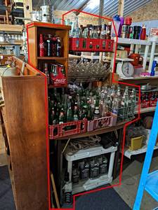 Kitchen Table and Contents - Large Collection of Bottles - Includes Multiple Shelves and Crates