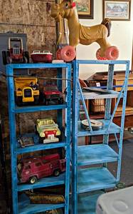 Lot of Vintage Toys and (2) Blue Steel Shelves - Shelves are about 58 x 18 x 12 Each