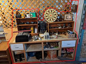 Contents of Shelves and Countertop - Cameras, Dartboard, Heaters, Antique Irons and More