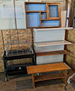 Metal Gondola Shelf Unit, Wood Bench, Display Shelf, Rolling Cart and Wire Baskets
