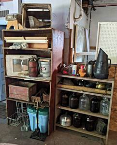 (2) Shelves and Contents - Antiques, Jugs, Store Signs and More