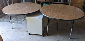 Pair of Round Tables and Rolling Steel Cabinet - Tables are 48 Diameter x 29 Tall