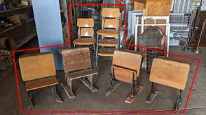 (4) Antique Cast Iron & Wood School Desks  (5) Vintage School Chairs