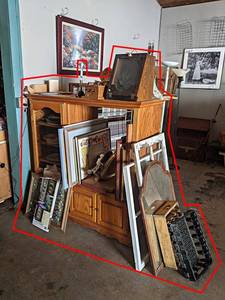 Solid Wood Cabinet w Contents - Wall Dcor, Platters, Antique Windows, Crate, Display Cabinet and More
