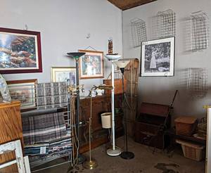 Large Corner Lot of Wall Dcor, Shelves, Lamps, Antique Gas Lamp, Wire Baskets, Rugs and More