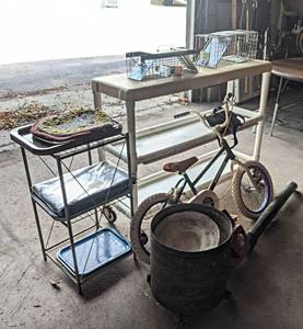 Lot of Rolling Shelves, Childrens Bike, Blower, Rolling Galvanized Bucket w Floor Dry and More