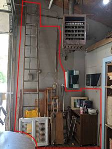 Tall Wood Ladder, Frames, Cabinet, Rolling Dolly, Crutches and More in Corner