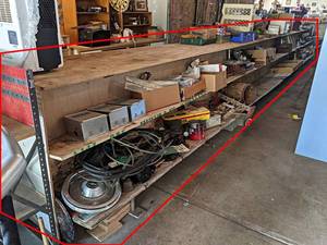 Long Run of 3-Tier Shelf - Quite a bit of 34 Plywood - Overall Dimensions 32 x 48 Wide x 43 Tall - Bring Tools to disassemble - Contents NOT included