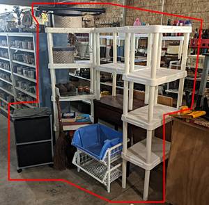 Small Wood Table (31 x 23 x 17), Plastic Shelves (2  62 x 22 x 13, 32 x 22 x 13), Plastic Baskets and Rolling Storage Cabinet, Bulletin Board and Contents - Wood Shoes, Atlas, Pool Cue and More