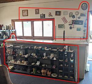(3) Shelves and Contents - Advertising, Pocket Knives, Bottle Openers, Fishing Lures, Dcor and More