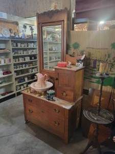 Antique Dresser w Mirror and Hat Box - Includes Contents - Pitcher and Basin and More - Overall about 75 x 38 x 19