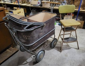 Antique Baby Buggy and Cosco Metal Stool