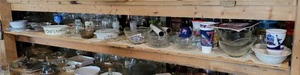 Contents of 144 x 48 Shelf - Casserole Dishes, Plaster Banks, Vases and More