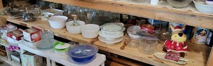Contents of 144 x 48 Shelf - Casserole Dishes, Vintage Tins, Vases and More