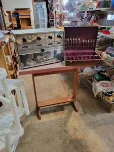Vintage Chrome Bread Box w Storage Drawers, Flatware and Table