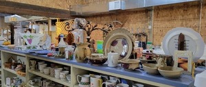 Contents on Top of Blue Shelves - Shelf is about 12 x 20 - Punch Bowl, Home Dcor and More